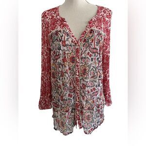 Women's Lucky Brand V-Neck Button Down Boho Peasant Blouse Top Size Small